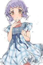 Rule 34 | 1girl, :o, blue dress, blue ribbon, blush, checkered clothes, checkered dress, clenched hand, commentary request, cowboy shot, dot nose, dress, frilled dress, frills, hand up, highres, idolmaster, idolmaster million live!, looking at viewer, makabe mizuki, mochigome (ununquadium), purple hair, ribbon, short hair, short sleeves, sidelocks, solo, wavy hair, white background, wind, yellow eyes