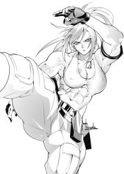 Rule 34 | 1girl, abs, armlet, bare shoulders, belt, bowalia, breasts, cropped shirt, dog tags, earrings, fighting stance, gloves, greyscale, jewelry, kicking, leona heidern, monochrome, muscular, muscular female, navel, pouch, sleeveless, solo, tank top, the king of fighters, the king of fighters xiv, the king of fighters xv, triangle earrings