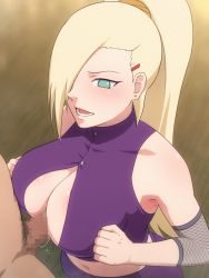 Rule 34 | 1boy, 1girl, animated, animated gif, aqua eyes, bare shoulders, blonde hair, blush, breasts, censored, cleavage, clothed female nude male, crop top, earrings, elbow pads, fishnets, hair ornament, hair over one eye, hairclip, hetero, jewelry, large breasts, long hair, male pubic hair, mosaic censoring, mushiro (nijie728995), naruto (series), naruto shippuuden, navel, nude, open mouth, paizuri, penis, perpendicular paizuri, ponytail, precum, pubic hair, purple skirt, skirt, smile, solo focus, swept bangs, yamanaka ino
