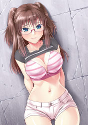 Rule 34 | 1girl, against wall, arms behind back, blue eyes, blush, bow, bow bra, bra, breasts, brown hair, cleavage, clothes lift, collarbone, cowboy shot, glasses, imada kozue, large breasts, long hair, looking at viewer, navel, original, pink bra, rimless eyewear, shirt lift, short shorts, shorts, solo, striped bra, striped clothes, thigh gap, two side up, underwear
