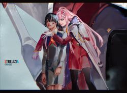 Rule 34 | 10s, 1boy, 1girl, bad id, bad pixiv id, black hair, black pantyhose, blood, blood on face, blue eyes, character name, coat, couple, darling in the franxx, gloves, gold trim, green eyes, hair ornament, hairband, hetero, hiro (darling in the franxx), horns, hug, hug from behind, jacket, jacket on shoulders, letterboxed, long coat, long hair, long sleeves, looking at viewer, mamezoo, mecha, military, military uniform, necktie, oni horns, orange neckwear, pantyhose, pink hair, realistic, red horns, red neckwear, robot, short hair, strelizia, uniform, white coat, white gloves, white hairband, zero two (darling in the franxx)