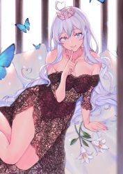 Rule 34 | 1girl, absurdres, ahoge, arm support, armpit crease, backlighting, bare shoulders, black dress, blue butterfly, blue eyes, blue nails, blush, bra, breasts, bug, butterfly, cleavage, collarbone, commentary, crown, curly hair, cushion, day, dress, eyelashes, eyeshadow, finger to mouth, fingernails, flower, hair between eyes, hand up, heart, heart-shaped pupils, highres, insect, jewelry, lace dress, large breasts, lily (flower), long fingernails, long hair, looking at viewer, makeup, nail polish, necklace, off-shoulder dress, off shoulder, on bed, original, panties, parted lips, purple bra, purple panties, see-through, see-through dress, side slit, silver hair, sitting, smile, solo, strapless, strapless bra, strapless dress, symbol-shaped pupils, underwear, uni (melm), very long hair, white flower, yokozuwari