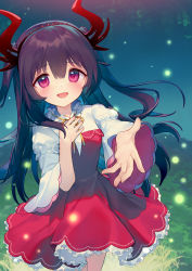 Rule 34 | 1girl, :d, ainy, brown hair, dress, fake horns, fireflies, grass, headband, highres, horns, long hair, long sleeves, looking at viewer, open mouth, original, outstretched arm, red eyes, smile, solo, wavy hair