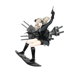 Rule 34 | 1girl, :d, arm up, belt, black footwear, black gloves, black jacket, black shorts, blue eyes, boots, breasts, buttons, cannon, cross, drill hair, dual wielding, full body, gloves, gun, handgun, headphones, holding, holding gun, holding weapon, iron cross, jacket, jiaoshouwen, knee boots, large breasts, looking at viewer, luger p08, m project (warship girls r), machinery, military, military jacket, military uniform, official art, open mouth, pocket, shorts, silver hair, smile, solo, surfing, teeth, transparent background, turret, twin drills, uniform, warship girls r, weapon