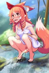 Rule 34 | 1girl, animal ears, barefoot, bottomless, female pubic hair, fox ears, fox tail, highres, looking at viewer, no panties, orange eyes, orange hair, original, outdoors, peeing, poppytart, pubic hair, pussy, solo, squatting, stream, tail, uncensored