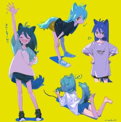 Rule 34 | &gt;:), 1girl, :d, puff of air, ^^^, ^ ^, animal ear fluff, animal ears, animal print, antenna hair, aqua footwear, aqua hair, arm up, artist name, backlighting, bad id, bad tumblr id, bare legs, barefoot, bent over, black footwear, black shirt, black shorts, blue hair, blue shorts, blush, brown eyes, cat ears, cat girl, cat tail, child, clenched hand, closed eyes, closed mouth, collarbone, contrapposto, controller, cowboy shot, cropped legs, cross-laced footwear, dot nose, eighth note, elbow rest, eyebrows, facing away, facing viewer, feet up, fish print, from behind, from side, full body, game controller, gamepad, hair between eyes, hand up, hands on own hips, hands on own knees, happy, highres, holding, holding controller, holding game controller, legs apart, limited palette, long hair, looking at viewer, looking to the side, loose clothes, loose shirt, lying, motion lines, multiple views, musical note, niwabuki, noshime ruka, on stomach, open hand, open mouth, orange eyes, original, parted lips, playing games, raglan sleeves, shadow, shirt, shoes, short sleeves, shorts, signature, simple background, smile, smug, sneakers, spoken musical note, standing, t-shirt, tail, tareme, v-shaped eyebrows, waving, white shirt, yellow background, |d