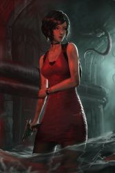 Rule 34 | 1girl, ada wong, artist name, backpack, bag, bare arms, bare shoulders, black choker, black eyes, black hair, black pantyhose, blood, blood on face, bracelet, breasts, capcom, choker, collarbone, commentary, dress, english commentary, gun, highres, holding, holding gun, holding weapon, indoors, industrial pipe, injury, jewelry, licker (resident evil), long tongue, looking away, looking back, medium breasts, monster, pantyhose, parted lips, raikoart, red dress, reflection, resident evil, resident evil 2, resident evil 2 (remake), sewer, short dress, short hair, sleeveless, sleeveless dress, small breasts, solo, swept bangs, tongue, trigger discipline, wading, watch, water, weapon, wristwatch, zombie