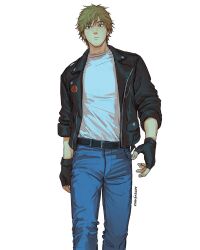 Rule 34 | 1boy, artbyshinji, artist name, belt, belt buckle, biker clothes, black belt, black gloves, black jacket, blonde hair, buckle, chainsaw man, closed mouth, cropped legs, denim, denji (chainsaw man), fingerless gloves, gloves, highres, jacket, jeans, leather, leather jacket, looking at viewer, male focus, pants, pochita (chainsaw man), shirt, short hair, simple background, sleeves rolled up, solo, standing, walking, white background, white shirt