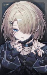 1boy black_jacket black_shirt blonde_hair blue_eyes christmas collar freminet_(genshin_impact) genshin_impact hair_ornament hair_over_one_eye hairclip jacket jewelry long_sleeves looking_at_viewer male_focus mask medium_hair mouth_mask necklace open_mouth shirt short_hair solo touyu_1210 v