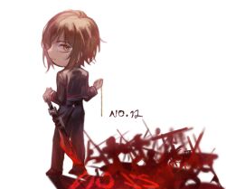 Rule 34 | 1girl, black jacket, black pants, blood, bloody weapon, brown eyes, brown hair, chibi, closed mouth, dark-skinned male, dark skin, highres, holding, holding pocket watch, holding weapon, huanxue, jacket, limbus company, long sleeves, looking at viewer, outis (project moon), pants, pocket watch, project moon, short hair, simple background, smile, solo, watch, weapon, white background