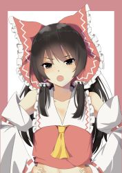 Rule 34 | 1girl, ascot, bare shoulders, black eyes, black hair, border, bow, collarbone, collared shirt, collared vest, commentary request, detached sleeves, frilled bow, frills, hair bow, hakurei reimu, hand on own hip, highres, long hair, long sleeves, midriff, navel, open mouth, red border, red bow, red vest, ribbon-trimmed sleeves, ribbon trim, shirt, sidelocks, simple background, solo, touhou, tsushi, upper body, vest, white background, white sleeves, wide sleeves, yellow ascot