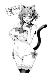 Rule 34 | 1girl, :3, :d, animal ears, bikini, blush, bow, bow bikini, bowtie, breasts, cameltoe, cat ears, cat tail, choker, cleavage, cleft of venus, clothes lift, covered erect nipples, fang, frilled thighhighs, frills, glasses, greyscale, groin, hair bow, hair ornament, hairclip, hands on own chest, heart, heart choker, heart hair ornament, highres, large breasts, looking at viewer, micro bikini, monochrome, navel, open mouth, original, sailor collar, shirt lift, short hair, short twintails, sleeveless, smile, solo, swimsuit, tail, takurou, thighhighs, twintails