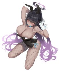 Rule 34 | 1girl, absurdres, animal ears, armpits, arms up, black hair, black leotard, black pantyhose, blue archive, blue neckwear, blush, bow, bowtie, breasts, cleavage, closed mouth, covered navel, curvy, dark-skinned female, dark skin, embarrassed, fake animal ears, fake tail, fishnet pantyhose, fishnets, gloves, gradient hair, halo, highleg, highleg leotard, highres, karin (blue archive), karin (bunny) (blue archive), kneeling, large breasts, leotard, long hair, looking at viewer, multicolored hair, number tattoo, official alternate costume, pantyhose, playboy bunny, purple hair, rabbit ears, rabbit tail, shiny clothes, shiny skin, shoulder tattoo, simple background, solo, strapless, strapless leotard, sweat, tail, tattoo, traditional bowtie, urrrt, v-shaped eyebrows, very long hair, white background, white gloves, wide hips, wrist cuffs