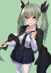Rule 34 | 1girl, :p, absurdres, anchovy (girls und panzer), anzio school uniform, black cape, black necktie, black ribbon, black skirt, blush, cape, drill hair, girls und panzer, green background, hair ribbon, highres, kagematsuri, long sleeves, looking at viewer, necktie, pantyhose, pleated skirt, ribbon, school uniform, shirt, simple background, skirt, solo, standing, tongue, tongue out, twin drills, twintails, white pantyhose, white shirt, yellow eyes