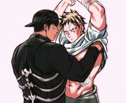 Rule 34 | 2boys, abs, aikawa (dorohedoro), backwards hat, bad id, bad twitter id, bandages, bara, black hair, blonde hair, blush, couple, dorohedoro, facial mark, hat, long sleeves, looking at another, looking up, male focus, manly, multicolored hair, multiple boys, muscular, navel, nipples, open mouth, pants, pectorals, risu (dorohedoro), shirt, short sleeves, sideburns, steel peach, tattoo, undressing another, upper body, white background, yaoi