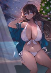 Rule 34 | 1girl, ahoge, bare shoulders, bikini, blue eyes, breasts, brown hair, cleavage, closed mouth, collarbone, curtains, feet out of frame, floating hair, front-tie bikini top, front-tie top, gradient sky, hand in own hair, highres, huge breasts, long hair, looking away, looking up, navel, ocean, off shoulder, open clothes, original, ribbon, shino yoshihisa, side-tie bikini bottom, signature, sitting, sky, smile, solo, stomach, swimsuit, thighs, twitter username, very long hair, water, white bikini, white ribbon, wind