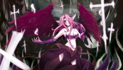 Rule 34 | 1girl, bare shoulders, beancurd, breasts, cleavage, cross, league of legends, long hair, midriff, morgana (league of legends), navel, pink eyes, pink hair, pointy ears, solo, wings