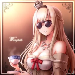 Rule 34 | 1girl, akisame rizu, blue eyes, braid, breasts, brown background, character name, cleavage, commentary request, corset, crown, cup, dress, flower, french braid, hairband, jewelry, kantai collection, light brown hair, long hair, long sleeves, medium breasts, mini crown, necklace, off-shoulder dress, off shoulder, parted lips, red flower, red ribbon, red rose, ribbon, rose, saucer, smile, solo, steam, sunglasses, teacup, upper body, warspite (kancolle), white dress