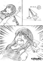 Rule 34 | 10s, 1girl, akagi (kancolle), boned meat, comic, crane (machine), desaku, food, greyscale, japanese clothes, kantai collection, long hair, lying, meat, monochrome, muneate, open mouth, solo, translation request