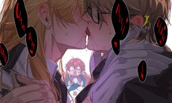 Rule 34 | 1girl, 1other, 2boys, black-framed eyewear, blonde hair, blush, brown hair, brownymercury, closed eyes, commentary, covering another&#039;s eyes, ear blush, english commentary, eyes visible through hair, french kiss, full-face blush, glasses, gloves, hand on another&#039;s shoulder, highres, honkai: star rail, honkai (series), kiss, long hair, male focus, multicolored hair, multiple boys, open mouth, pom-pom (honkai: star rail), red hair, saliva, saliva trail, short hair, sidelocks, sound effects, streaked hair, surprised, sweat, trembling, void archives (honkai impact), welt yang, white background, white hair, yaoi