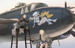 Rule 34 | 1boy, 1girl, ;p, a9b (louis814), animal ears, ass, b-25 mitchell, blonde hair, blush, boots, breasts, bucket, cleavage, closed eyes, highres, marian e. carl, nose art, one eye closed, tail, tongue, tongue out, world witches series