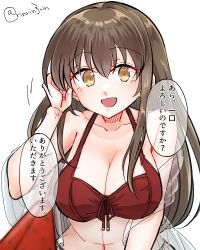 Rule 34 | 1girl, akagi (kancolle), bare arms, bare shoulders, bikini, blush, breasts, brown eyes, brown hair, cleavage, collarbone, hair between eyes, highres, kantai collection, large breasts, long hair, looking at viewer, matsunaga (haku), motion lines, navel, open mouth, red bikini, simple background, smile, solo, speech bubble, swimsuit, translation request, twitter username, upper body, white background