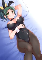 Rule 34 | 1girl, animal ears, arakawa tarou, black choker, black hairband, black leotard, black pantyhose, blush, bow, breasts, choker, closed mouth, covered navel, fake animal ears, green eyes, green hair, hair bow, hair intakes, hairband, hand on own stomach, highleg, highleg leotard, highres, large breasts, leotard, long hair, looking at viewer, lying, midorikawa nao, nipples, on back, pantyhose, playboy bunny, ponytail, precure, rabbit ears, smile, smile precure!, solo, strapless, strapless leotard, wrist cuffs, yellow bow