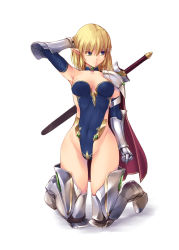 Rule 34 | 1girl, armor, armored boots, armpits, blonde hair, blue leotard, boots, breasts, cape, closed mouth, covered navel, elf, full body, gauntlets, green eyes, highleg, highleg leotard, kirishima satoshi, kneeling, knight, leotard, light smile, looking away, medium breasts, original, pauldrons, pointy ears, sheath, sheathed, shoulder armor, single pauldron, solo, sword, thigh boots, thighhighs, weapon, weapon on back