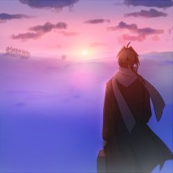 Rule 34 | 1boy, back turned, clothes lift, cloud, cloudy sky, coat, day, edward elric, fullmetal alchemist, long hair, male focus, out of frame, ponytail, riru, scarf, sky, solo focus, sunset