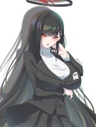 Rule 34 | 1girl, absurdres, black hair, blue archive, breasts, dress, halo, highres, id card, large breasts, long hair, panvyru, red eyes, rio (blue archive), school uniform, simple background, solo, standing, strapless, strapless dress, sweater, white background, white sweater