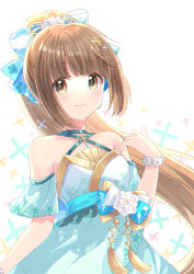 Rule 34 | 1girl, absurdres, bare shoulders, blue bow, blue dress, blue ribbon, blue sleeves, blunt bangs, blush, bow, breasts, brown eyes, brown hair, closed mouth, collarbone, detached sleeves, dot nose, dress, dress bow, flower, flower bracelet, hair bow, hair ornament, hair ribbon, hand up, highres, idolmaster, idolmaster cinderella girls, idolmaster cinderella girls starlight stage, long hair, looking at another, ponytail, ribbon, shiohari kanna, sleeveless, sleeveless dress, small breasts, smile, solo, upper body, very long hair, white background, white flower, x hair ornament, yellow bow, yorita yoshino