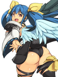 Rule 34 | 1girl, arc system works, armor, ass, asymmetrical wings, bare shoulders, black panties, black thighhighs, blue hair, blush, bow, breasts, detached sleeves, dizzy (guilty gear), folded hair, from behind, guilty gear, guilty gear xrd, guilty gear xrd: revelator, hair ribbon, highres, huge ass, kawacchi hirohiro, large breasts, leg ribbon, long hair, looking at viewer, looking back, mismatched wings, open mouth, over-kneehighs, panties, pauldrons, red eyes, ribbon, shiny skin, shoulder armor, smile, solo, tail, tail bow, tail ornament, tail ribbon, thick thighs, thigh ribbon, thighhighs, thighs, twintails, underwear, very long hair, wings