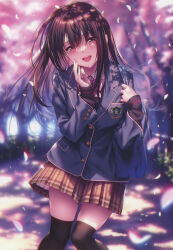 Rule 34 | 1girl, absurdres, bag, blazer, blurry, blurry background, blush, brown eyes, brown hair, buttoned cuffs, buttons, day, hanikami kanojo, highres, jacket, long hair, long sleeves, looking at viewer, minazumi kasane, open mouth, outdoors, petals, piromizu, scan, school bag, school uniform, shadow, simple background, skirt, smile, solo, thighhighs, tree, zettai ryouiki