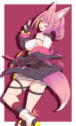 Rule 34 | 1girl, ;d, animal ears, artist name, black gloves, black jacket, boots, braid, breasts, brown skirt, commentary request, dated, fingerless gloves, fox ears, fox girl, fox tail, gloves, highres, jacket, kichihachi, long hair, looking at viewer, medium breasts, one eye closed, open mouth, pink hair, propro production, red background, sakuya azusa, shirt, short hair, simple background, single braid, skirt, smile, solo, tail, thigh strap, thighs, two-tone background, virtual youtuber, white background, white footwear, white shirt, yellow eyes