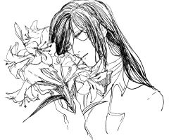 Rule 34 | 1boy, ascot, bungou to alchemist, closed eyes, cropped torso, flower, greyscale, head tilt, holding, holding flower, ichimoku (tansio5), jacket, lapels, lily (flower), long hair, male focus, monochrome, nagai kafuu (bungou to alchemist), parted lips, peaked lapels, simple background, solo, swept bangs, white background