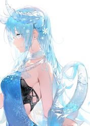 Rule 34 | absurdres, bare shoulders, blue dress, blue eyes, blue hair, choker, commentary, commentary request, dress, flower, from side, hair flower, hair ornament, highres, horns, long hair, open mouth, original, simple background, solo, symbol-only commentary, transparent, umibouzu (niito), water, white background, white flower