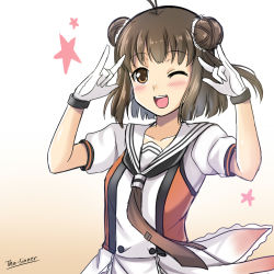 Rule 34 | 10s, 1girl, ;d, antenna hair, artist name, blush, breasts, brown eyes, brown hair, collarbone, double bun, gloves, hair bun, highres, kantai collection, looking at viewer, m/, naka (kancolle), naka kai ni (kancolle), neckerchief, one eye closed, open mouth, puffy short sleeves, puffy sleeves, school uniform, serafuku, short hair, short sleeves, small breasts, smile, solo, the-sinner, upper body, white gloves