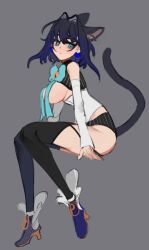 Rule 34 | 1girl, animal ear fluff, animal ears, blue eyes, blue hair, blush, breasts, cat ears, cat girl, cat tail, earrings, eus ing, grey background, hair intakes, hololive, hololive english, jewelry, looking at viewer, multicolored hair, ouro kronii, short hair, solo, tail, tail raised, virtual youtuber