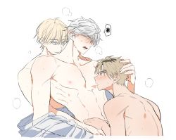Rule 34 | 3boys, alfi (tok), bad id, bad pixiv id, blonde hair, blush, breath, closed eyes, collarbone, commentary, group sex, hand on another&#039;s head, highres, male focus, mmm threesome, multiple boys, nipples, open mouth, original, parted lips, pectorals, scar, scar on back, shirt, short hair, simple background, spoken squiggle, squiggle, sweat, threesome, very short hair, white background, white hair, white shirt, yaoi