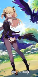Rule 34 | 1girl, asymmetrical legwear, bird, black gloves, blonde hair, breasts, crossover, crow, day, detached sleeves, eyepatch, fischl (genshin impact), full body, genshin impact, gloves, green eyes, highres, honkai (series), honkai impact 3rd, mihoyo, official art, open mouth, outdoors, oz (genshin impact), small breasts, smile, two side up