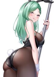 1girl :q absurdres animal_ears ass black_headband black_leotard black_pantyhose blush bodystocking braid breasts cowboy_shot eyes_visible_through_hair fake_animal_ears fake_tail green_eyes hair_ornament headband highres hisame_shiki holding holding_pole large_breasts leotard long_hair looking_at_viewer pantyhose playboy_bunny pole purple_eyes rabbit_ears rabbit_tail red_nails revision simple_background skindentation smile solo strapless strapless_leotard stripper_pole tail tongue tongue_out virtual_youtuber vspo! white_background wrist_cuffs x_hair_ornament yakumo_beni