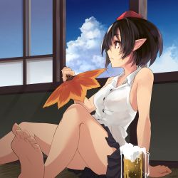 Rule 34 | 1girl, absurdres, adapted costume, against wall, alcohol, arm at side, arm support, bare legs, bare shoulders, barefoot, beer, beer mug, black hair, black skirt, blue sky, breasts, buttons, cloud, collared shirt, cup, day, feet, foam, hat, highres, holding, hot, indoors, leaf fan, looking away, looking to the side, medium breasts, miniskirt, mug, nuqura, on floor, open window, parted lips, pleated skirt, pointy ears, red eyes, red hat, shameimaru aya, shirt, short hair, sitting, skirt, sky, sleeveless, sleeveless shirt, soles, solo, tatami, toes, tokin hat, touhou, white shirt, window, wing collar