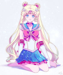 Rule 34 | 1girl, bad id, bad pixiv id, barefoot, bishoujo senshi sailor moon, blonde hair, blue eyes, blue sailor collar, blue skirt, bow, brooch, choker, elbow gloves, full body, gloves, hair ornament, hairpin, jewelry, kneeling, long hair, magical girl, red bow, ribbon, sailor collar, sailor moon, sailor moon musical, saki (hxaxcxk), simple background, skirt, smile, solo, tsukino usagi, twintails, very long hair, white background, white gloves