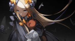 Rule 34 | 1girl, abigail williams (fate), black background, black bow, black dress, black hat, blonde hair, blue eyes, bow, bug, butterfly, dress, fate/grand order, fate (series), forehead, hair bow, hat, insect, long hair, long sleeves, no-kan, orange bow, polka dot, polka dot bow, solo, stuffed animal, stuffed toy, teddy bear, very long hair