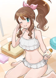 Rule 34 | 1girl, alternate costume, am (ajamuw), barefoot, basket, beach, beach towel, blush, brown hair, commentary request, creatures (company), day, eyelashes, game freak, green eyes, grin, hair ribbon, high ponytail, highres, hilda (pokemon), holding, long hair, looking at viewer, navel, nintendo, one eye closed, outdoors, partial commentary, pink ribbon, pokemon, pokemon bw, ribbon, sitting, smile, solo, swimsuit, teeth, toes, towel, white swimsuit