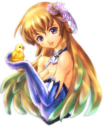 Rule 34 | 1girl, bare shoulders, bird, blue gloves, breasts, brown hair, chick, cleavage, elbow gloves, gloves, hair ornament, hiroyasu, holding, large breasts, long hair, looking at viewer, original, purple eyes, smile, solo, upper body