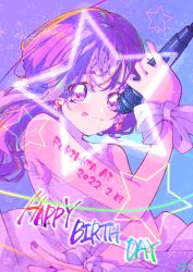 Rule 34 | 1girl, artist name, bow, character name, closed mouth, commentary, dated, dress, earrings, furihata ai, hand up, happy birthday, holding, holding microphone, jewelry, looking at viewer, microphone, pinky out, purple background, purple eyes, purple hair, real life, solo, star (symbol), star earrings, tanabe mupa, tongue, tongue out, white bow, white dress, wrist bow