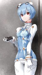 Rule 34 | 1girl, absurdres, ayanami rei, blue hair, bodysuit, breasts, cosplay, covered navel, cowboy shot, evangelion: 2.0 you can (not) advance, expressionless, hair between eyes, hand up, headgear, highres, hip focus, looking at viewer, neon genesis evangelion, plugsuit, rebuild of evangelion, red eyes, see-through, see-through bodysuit, shiny clothes, short hair, skin tight, small breasts, solo, souryuu asuka langley (cosplay), standing, test plugsuit, thighs, white bodysuit, wide hips, yanagi marie
