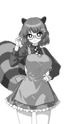 Rule 34 | 1girl, adapted costume, animal ears, apron, closed mouth, commentary request, cowboy shot, female focus, frilled skirt, frills, futatsuiwa mamizou, greyscale, hair ornament, highres, leaf hair ornament, legs apart, looking at viewer, monochrome, onkn sxkn, raccoon ears, raccoon tail, semi-rimless eyewear, short hair, simple background, skirt, smile, solo, standing, tail, touhou, under-rim eyewear, white background