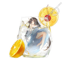Rule 34 | 1girl, bare legs, barefoot, blue dress, blush, breasts, brown hair, character request, closed mouth, crazy straw, dress, drinking straw, food, fruit, head tilt, horns, in container, kai-ri-sei million arthur, lemon, long hair, looking at viewer, medium breasts, million arthur (series), mitu yang, official art, panties, partially submerged, red eyes, solo, underwear, very long hair, water, white panties